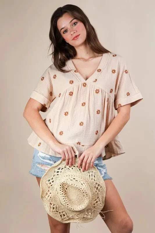 VERY J Flower Embroidered Woven Blouse - Trendsi - Flyclothing LLC