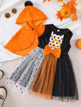 Children's Halloween Pumpkin Hooded Cape and Polka Dot Tulle Dress Set - Trendsi - Flyclothing LLC