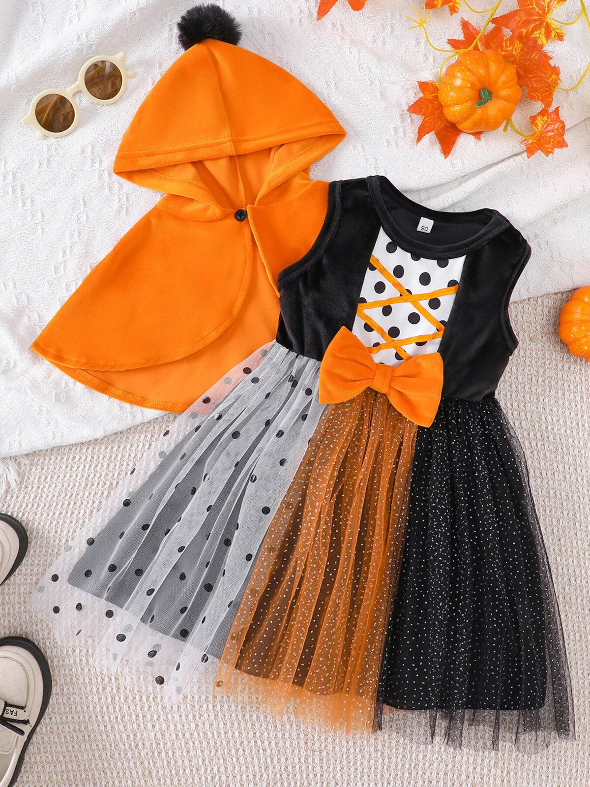 Children's Halloween Pumpkin Hooded Cape and Polka Dot Tulle Dress Set - Trendsi - Flyclothing LLC