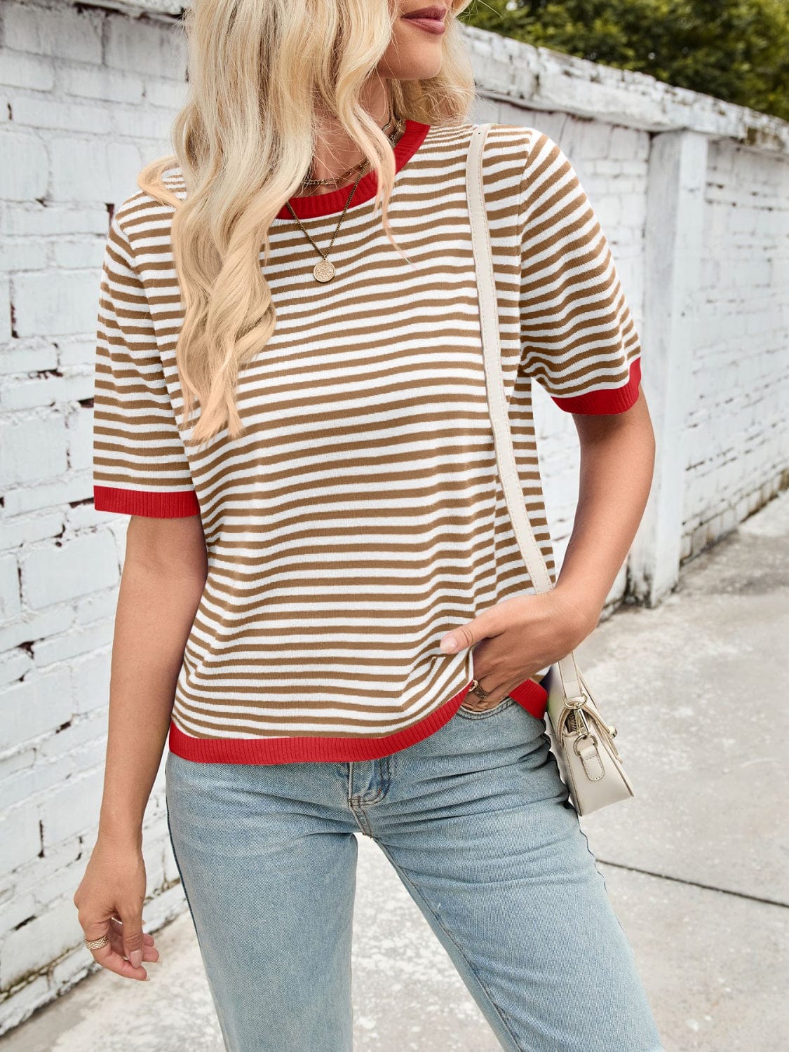 Lovelet Striped Contrast Round Neck Half Sleeve Knit Top - Trendsi