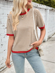 Lovelet Striped Contrast Round Neck Half Sleeve Knit Top - Trendsi