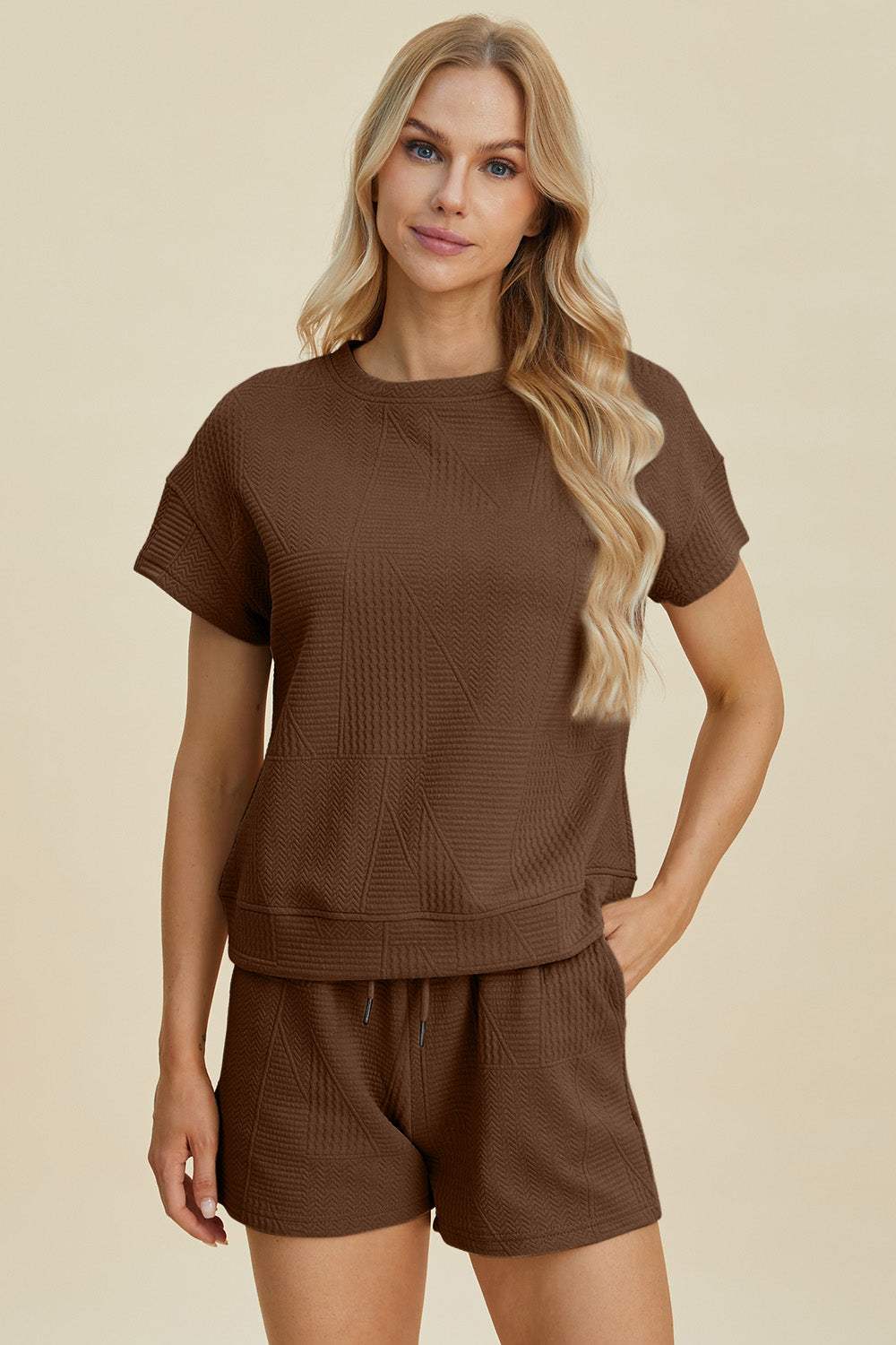 Double Take Full Size Texture Short Sleeve Top and Shorts Set - Trendsi - Flyclothing LLC