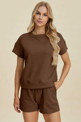 Double Take Full Size Texture Short Sleeve Top and Shorts Set - Trendsi - Flyclothing LLC