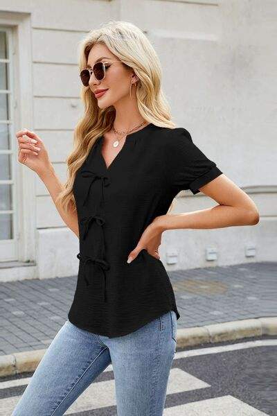 Bow Notched Short Sleeve Blouse - Trendsi - Flyclothing LLC