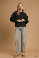 Umgee Round Neck Sweatshirt with Pleated Detail - Trendsi - Flyclothing LLC