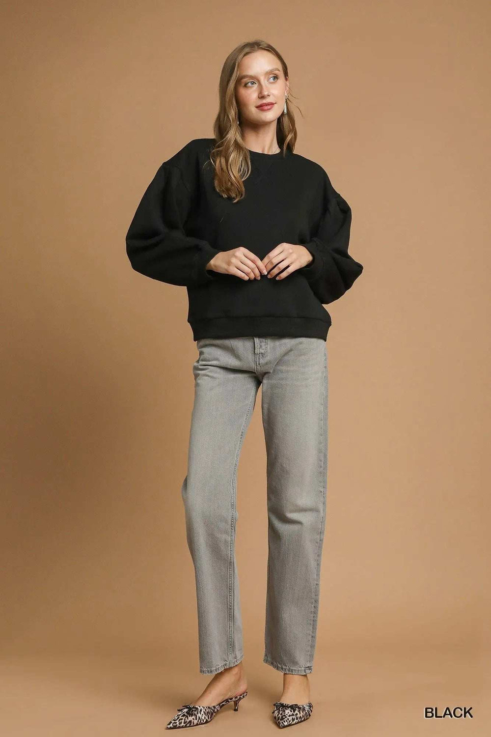 Umgee Round Neck Sweatshirt with Pleated Detail - Trendsi - Flyclothing LLC