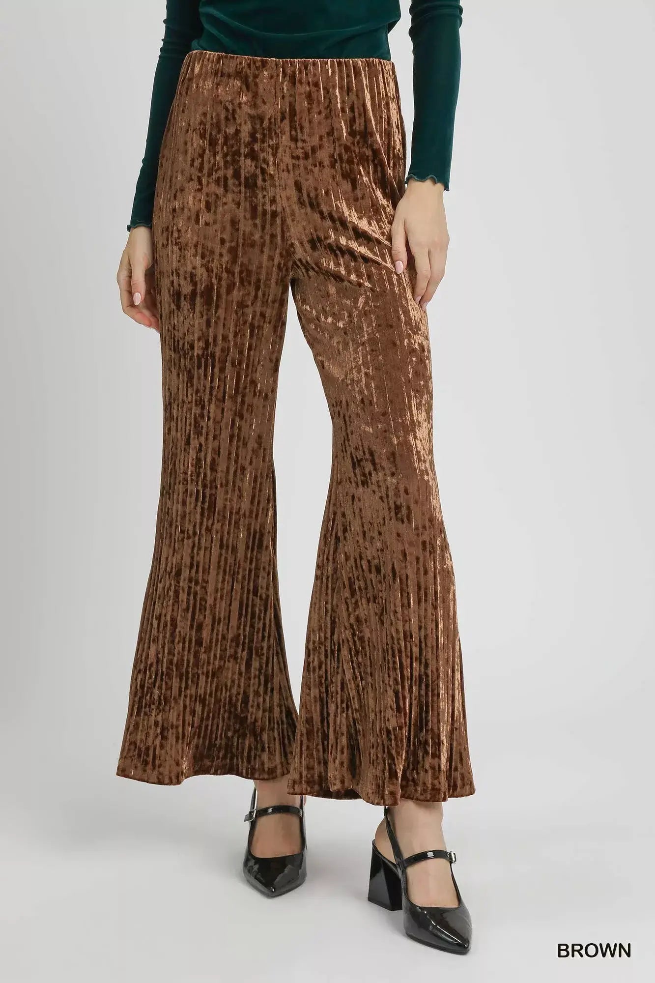 Umgee Velvet Pleated Wide Leg Pants - Trendsi - Flyclothing LLC