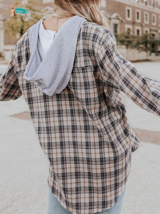 Drawstring Plaid Hooded Long Sleeve Shirt - Trendsi