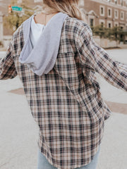 Drawstring Plaid Hooded Long Sleeve Shirt - Trendsi