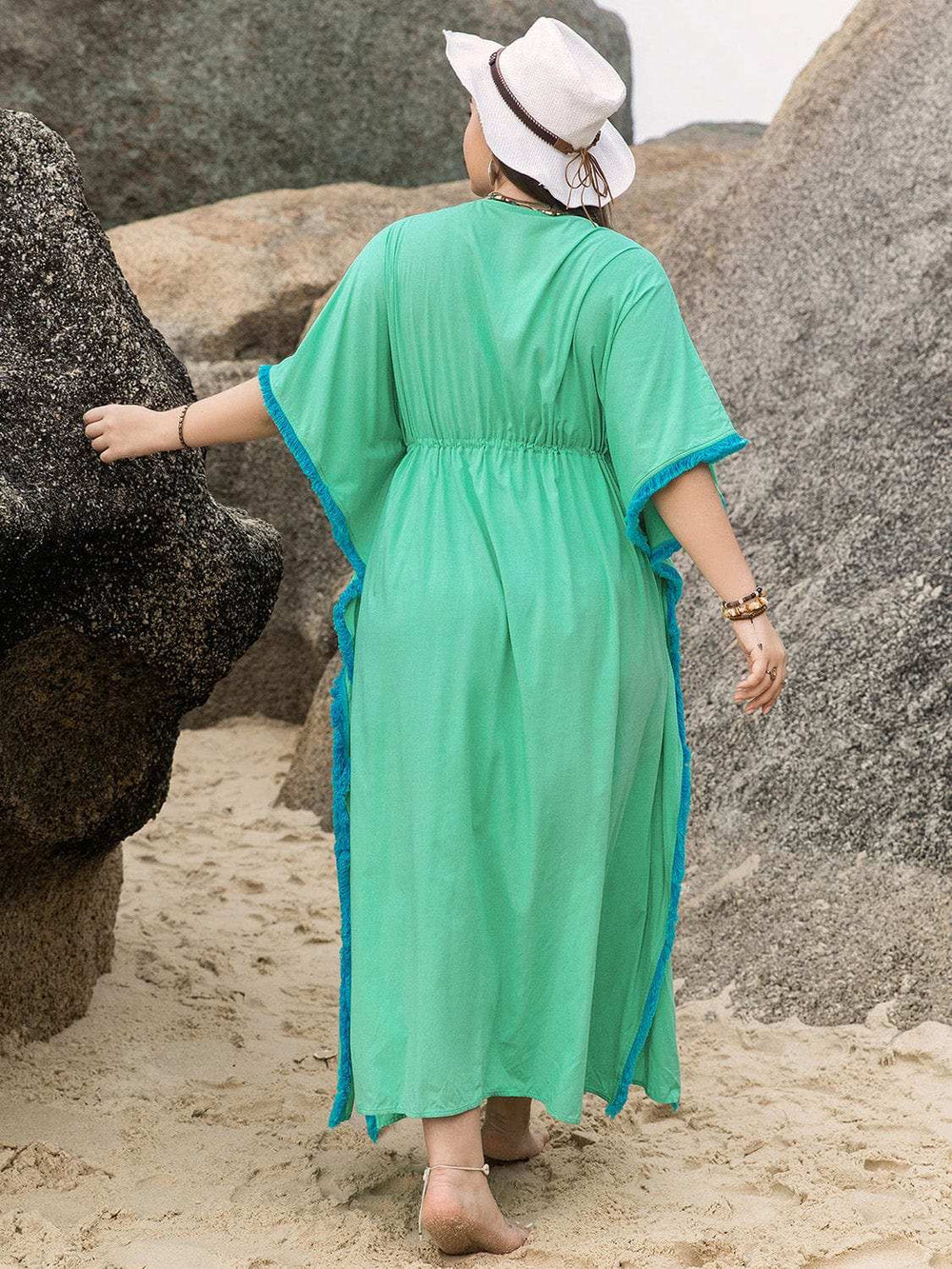 Plus Size Tied Fringe V-Neck Half Sleeve Dress - Trendsi - Flyclothing LLC