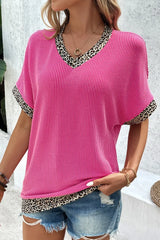 V-Neck Leopard Trim Ribbed Blouse - Trendsi - Flyclothing LLC