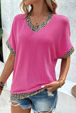 V-Neck Leopard Trim Ribbed Blouse - Trendsi - Flyclothing LLC