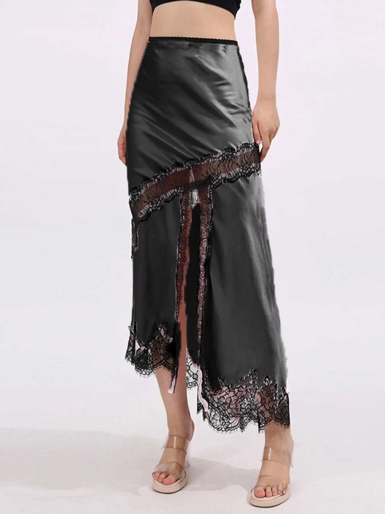 Lace Trim Asymmetrical Midi Skirt - Trendsi - Flyclothing LLC