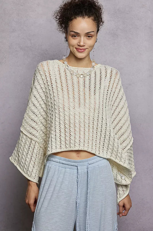 POL Cable-Knit Openwork Round Neck Cropped Sweater - Trendsi - Flyclothing LLC