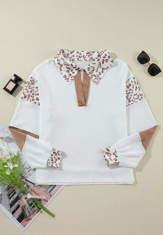 Waffle-Knit Leopard Johnny Collar Long Sleeve Top - Trendsi - Flyclothing LLC