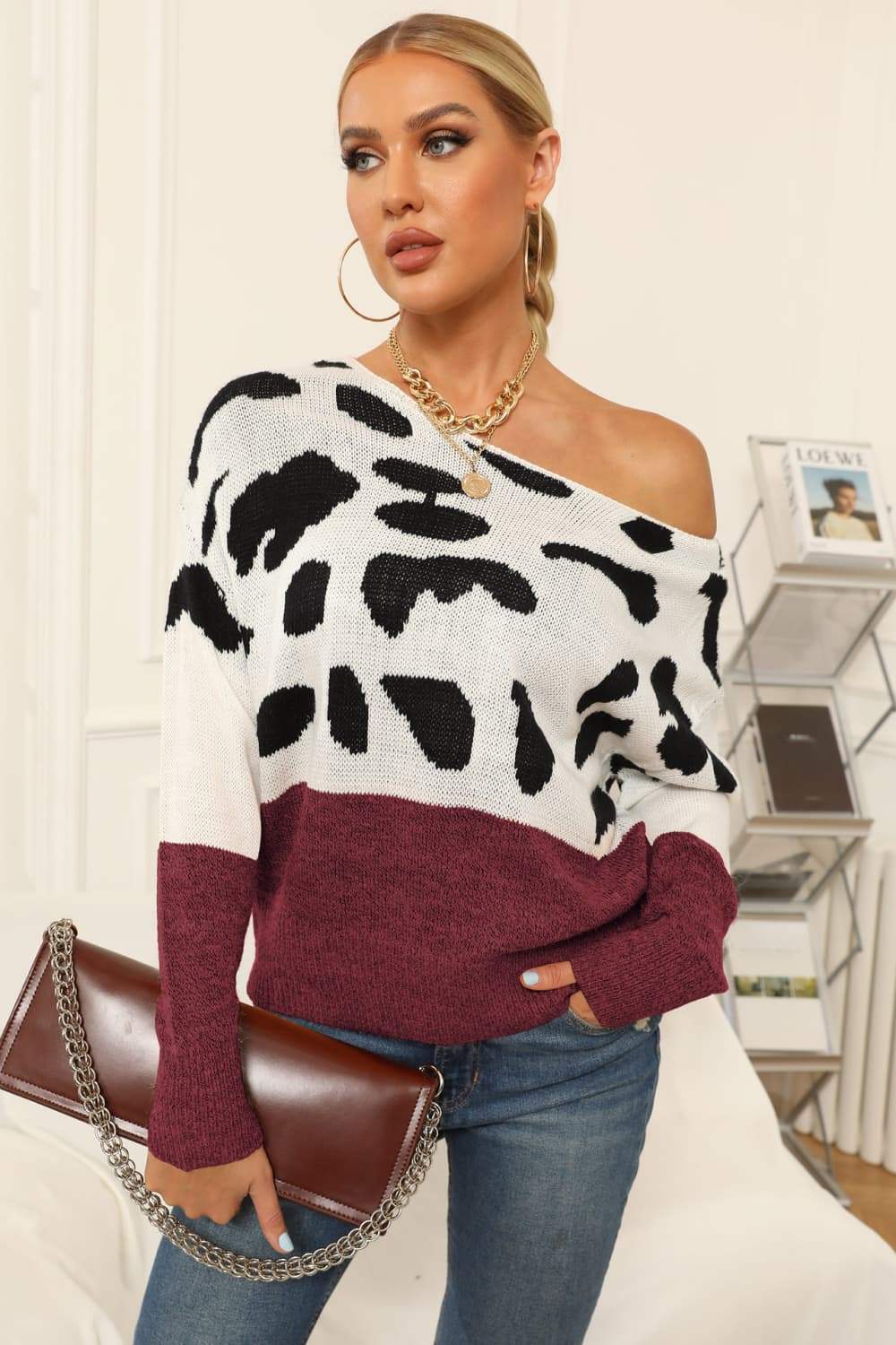 Full Size Two-Tone Boat Neck Sweater - Trendsi - Flyclothing LLC