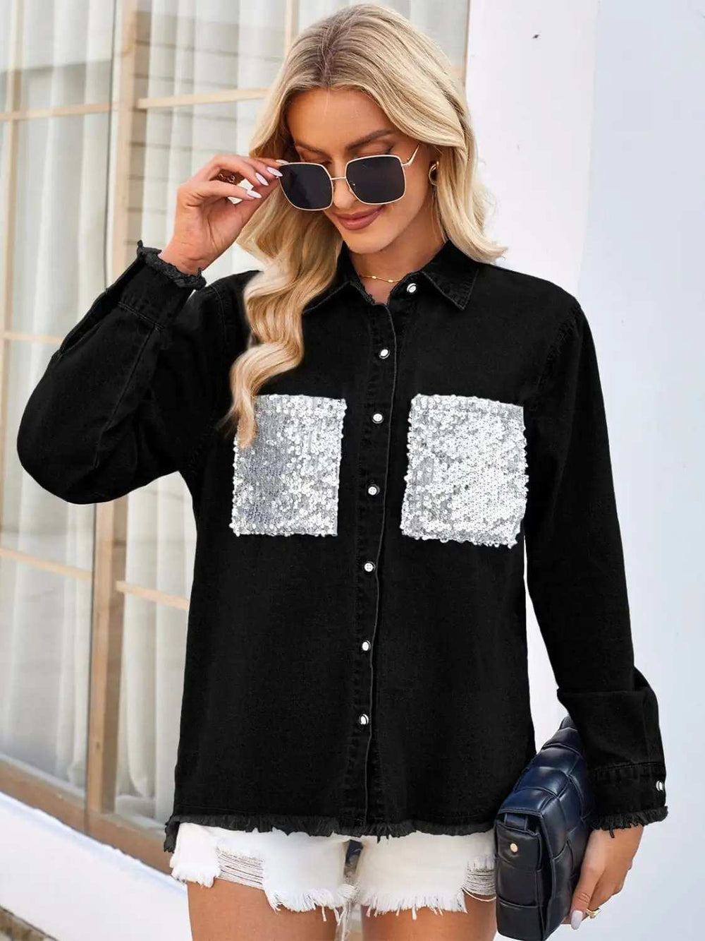 Raw Hem Button Up Long Sleeve Denim Jacket with Sequin Pockets - Trendsi - Flyclothing LLC