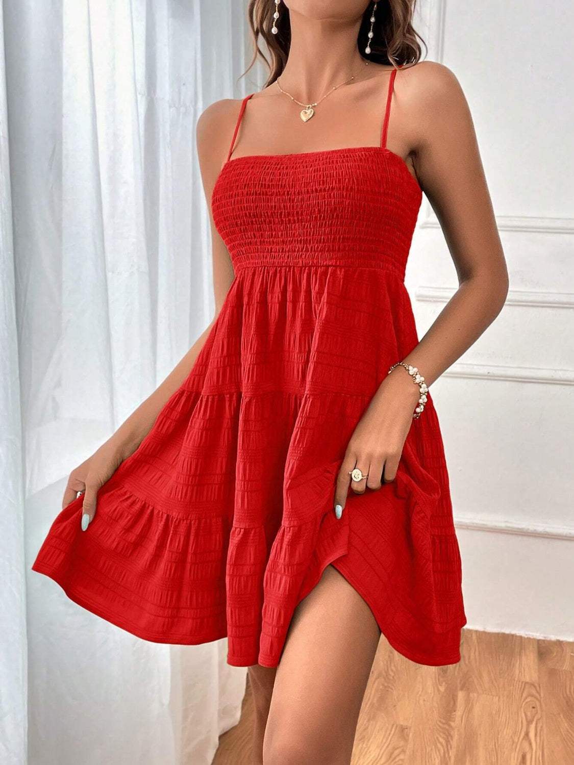 Smocked Tiered Sleeveless Mini Dress - Trendsi - Flyclothing LLC
