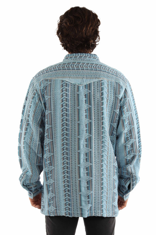 farthest point blue 100% cotton heavy jacquard stripe shirt-jacket
