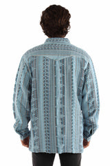 farthest point blue 100% cotton heavy jacquard stripe shirt-jacket