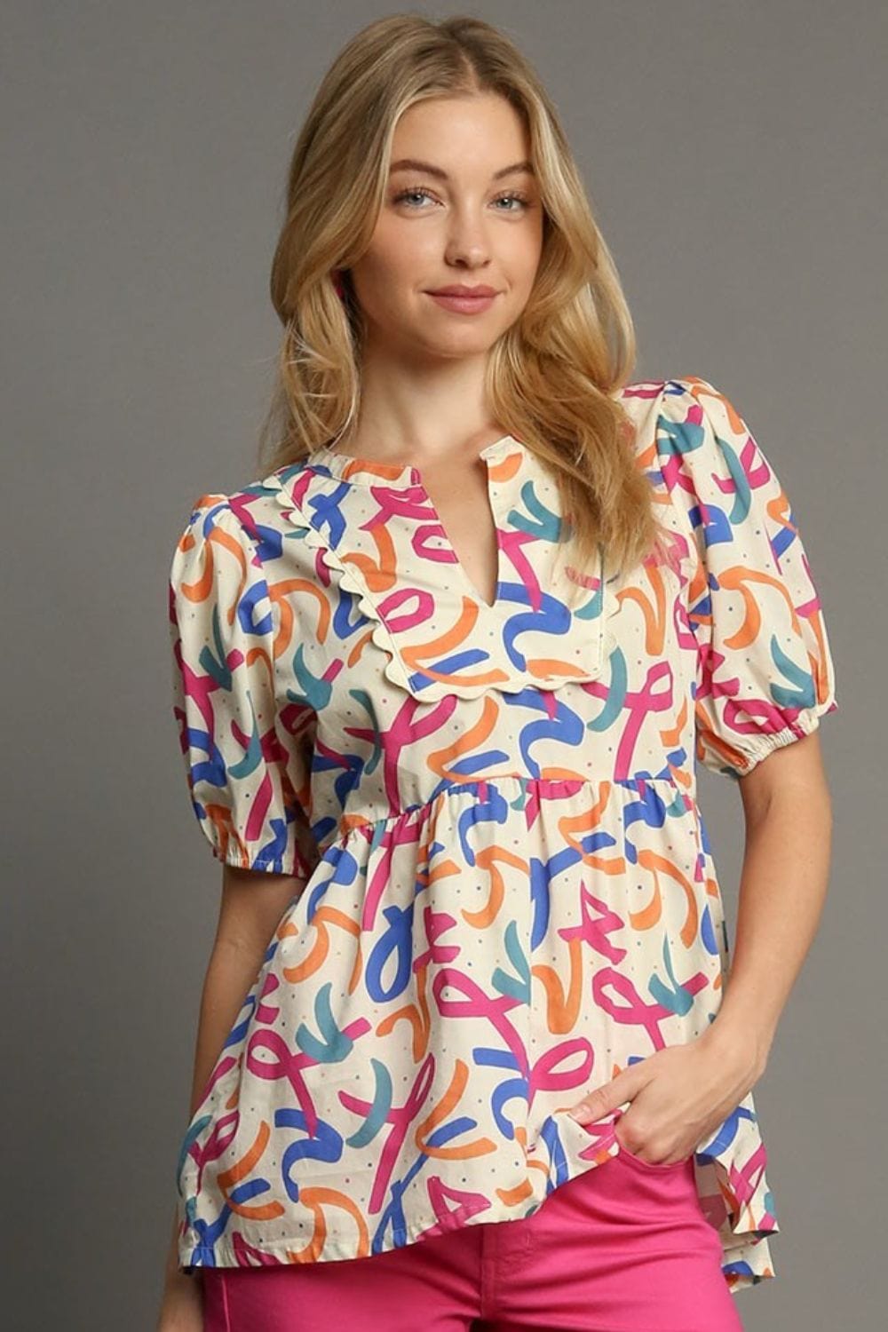 Umgee Full Size Mixed Print Puff Sleeve Babydoll Blouse Plus Size - Trendsi