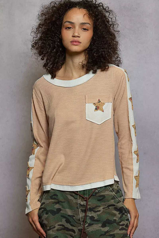 POL Round Neck Long Sleever T-Shirt with Star Patch - Trendsi - Flyclothing LLC
