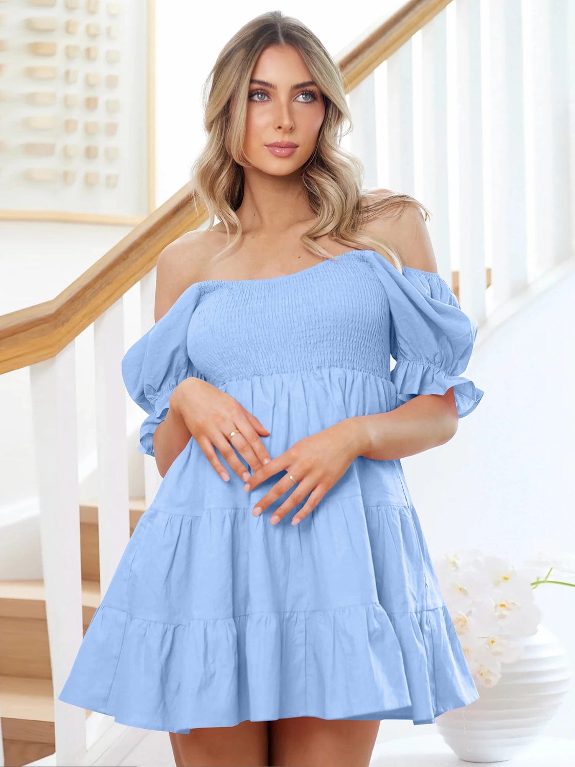 Smocked Flounce Sleeve Mini Dress Trendsi