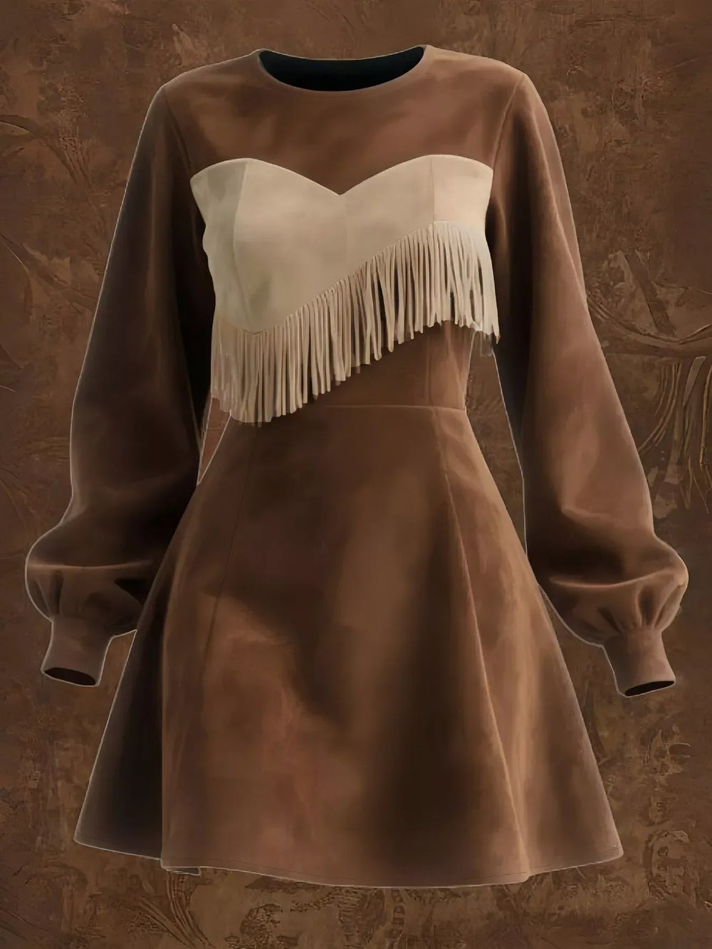 Fringe Trim Lantern Sleeve Mini Dress - Trendsi - Flyclothing LLC