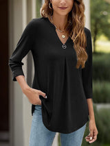 Notched Three-Quarter Sleeve T-Shirt - Trendsi - Flyclothing LLC