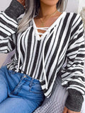 Striped Lace-Up Long Sleeve Sweater - Trendsi - Flyclothing LLC