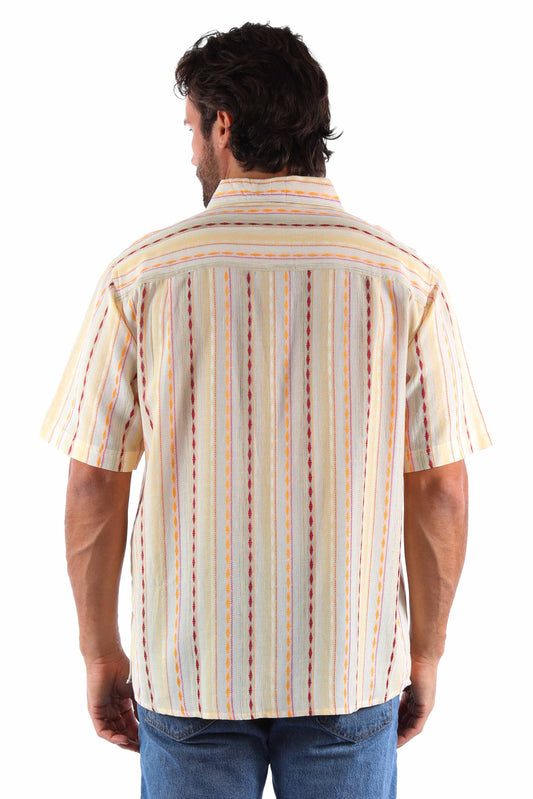 farthest point cream 100% cotton short sleeve diamond stripe shirt
