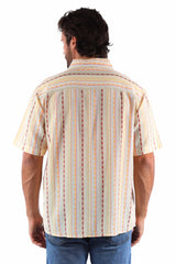 farthest point cream 100% cotton short sleeve diamond stripe shirt