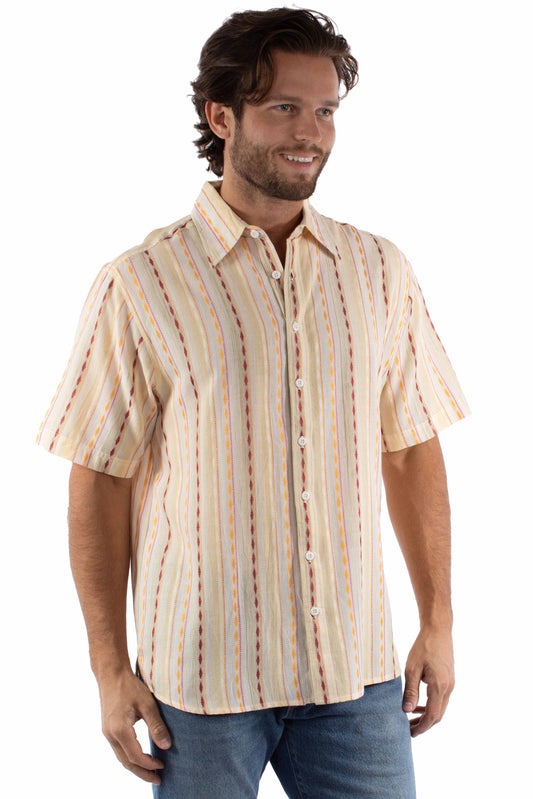 farthest point cream 100% cotton short sleeve diamond stripe shirt
