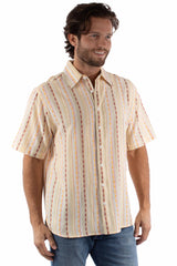 farthest point cream 100% cotton short sleeve diamond stripe shirt