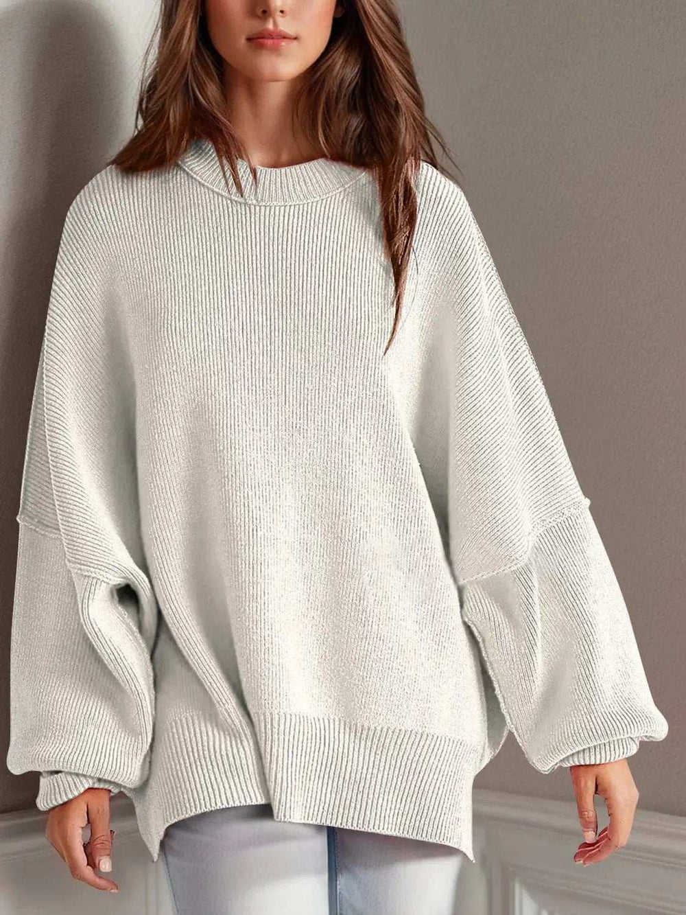 Double Take Side Slit Round Neck Long Sleeve Sweater - Trendsi - Flyclothing LLC