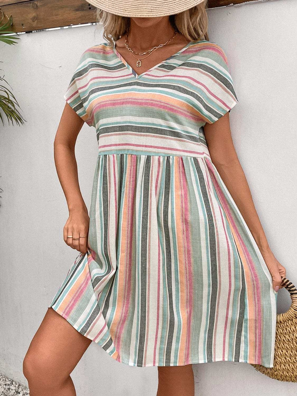 Striped V-Neck Short Sleeve Dress - Trendsi - Flyclothing LLC