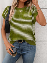 Striped Round Neck Short Sleeve Knit Top - Trendsi - Flyclothing LLC