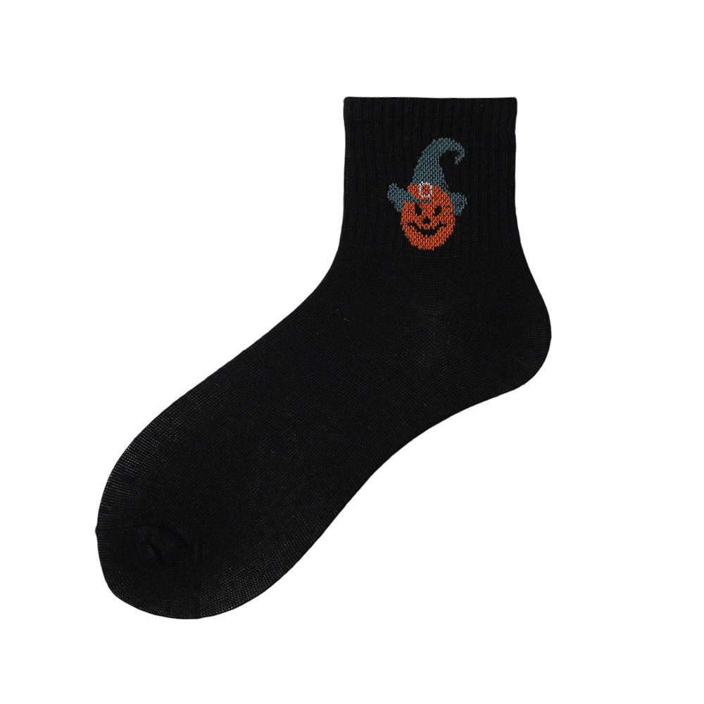 Cute Ghost Mid-Calf Halloween Socks With Pumpkin Print For Women
