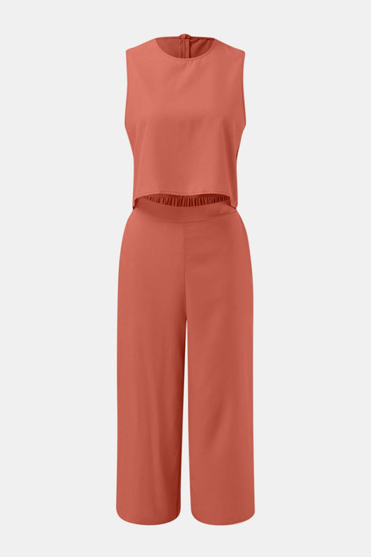 Round Neck Top and Wide Leg Pants Set - Trendsi