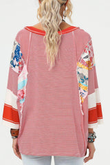 Striped Floral Patchwork Round Neck Top - Trendsi - Flyclothing LLC
