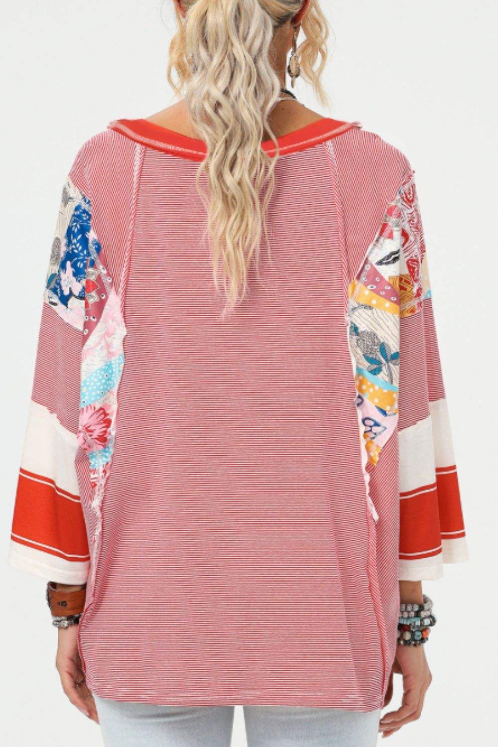 Striped Floral Patchwork Round Neck Top - Trendsi - Flyclothing LLC
