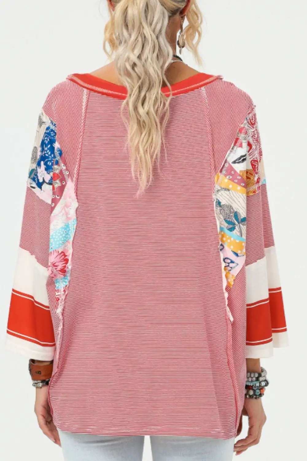 Striped Floral Patchwork Round Neck Top - Trendsi - Flyclothing LLC