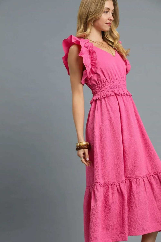 Umgee V-Neck Ruffled Cap Sleeve Midi Dress - Trendsi - Flyclothing LLC