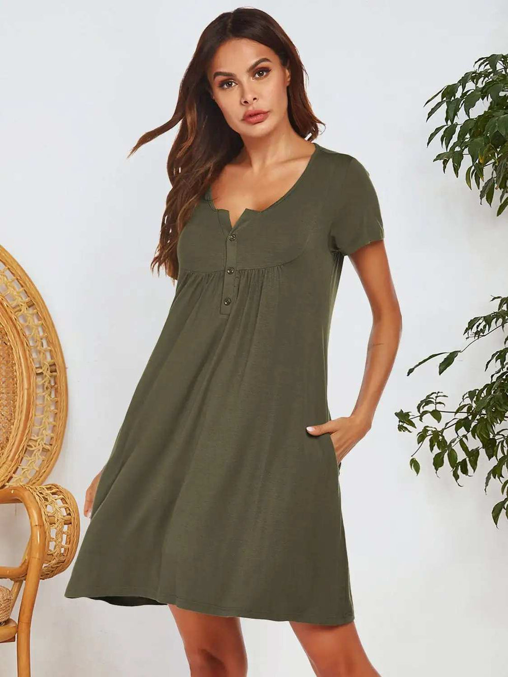 Notched Short Sleeve Mini Lounge Dress - Trendsi - Flyclothing LLC