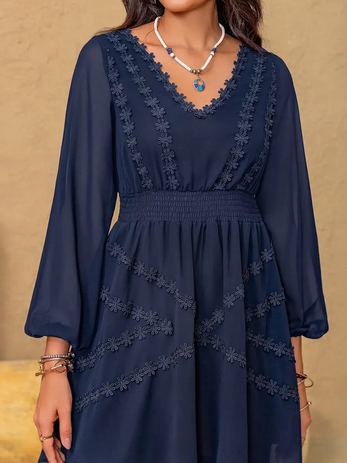 Lace Detail V-Neck Balloon Sleeve Mini Dress - Trendsi - Flyclothing LLC