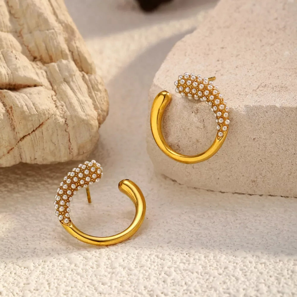 Pearl-Accented C-Hoop Earrings - Trendsi - Flyclothing LLC