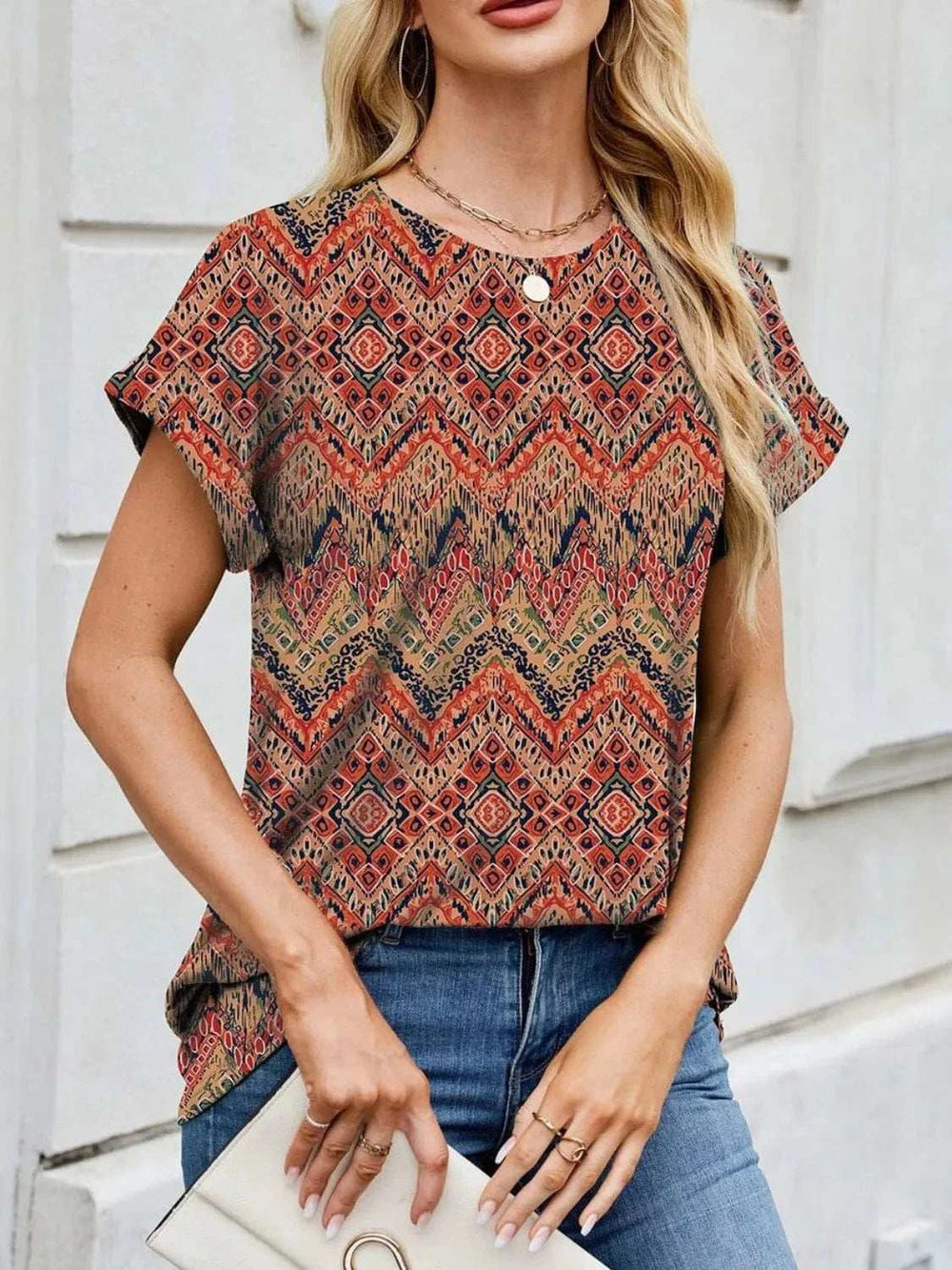 Printed Round Neck Short Sleeve Top - Trendsi - Flyclothing LLC