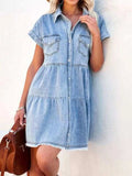Raw Hem Short Sleeve Denim Dress - Trendsi - Flyclothing LLC