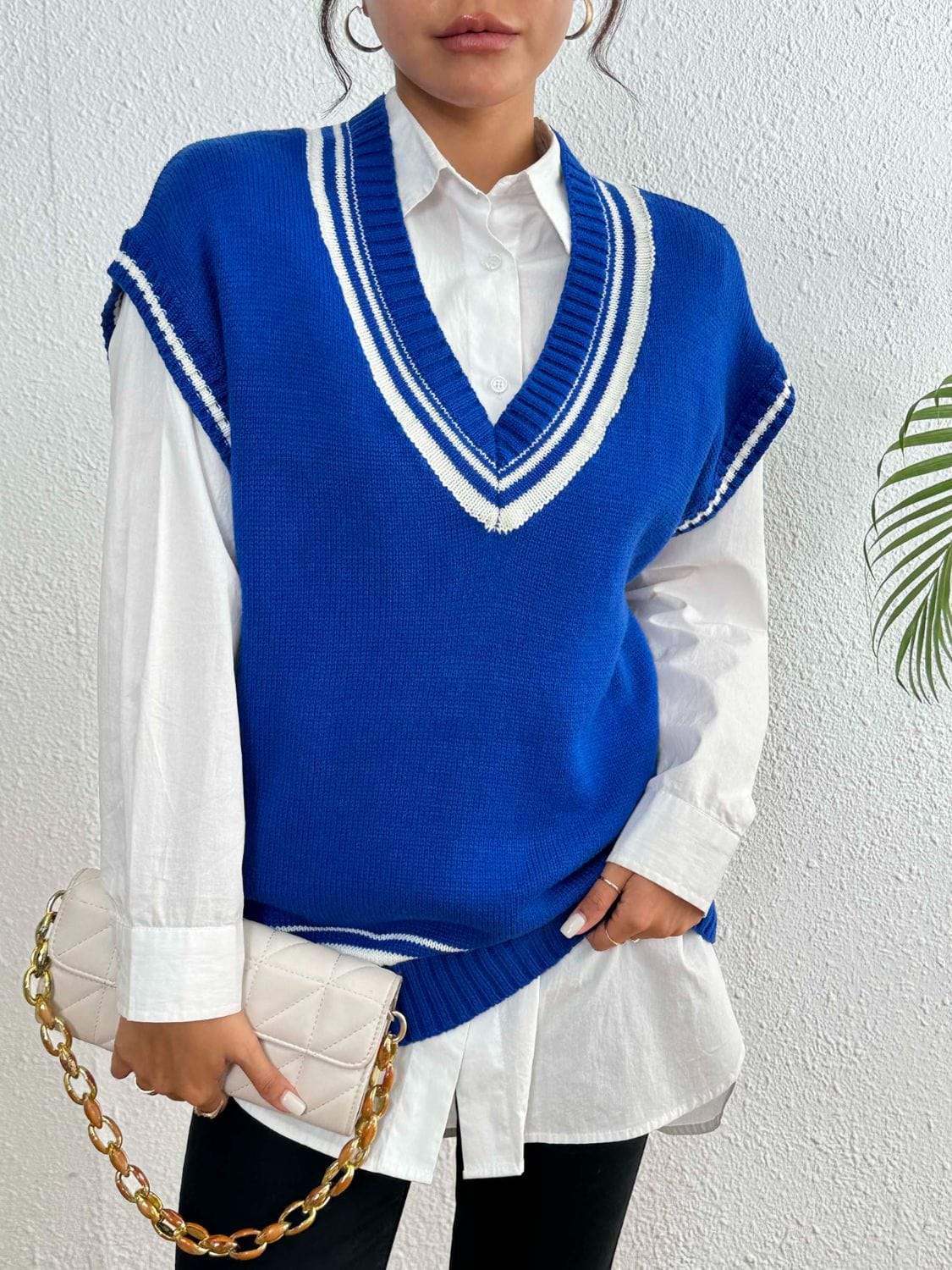 Contrast Trim V-Neck Sweater Vest - Trendsi - Flyclothing LLC