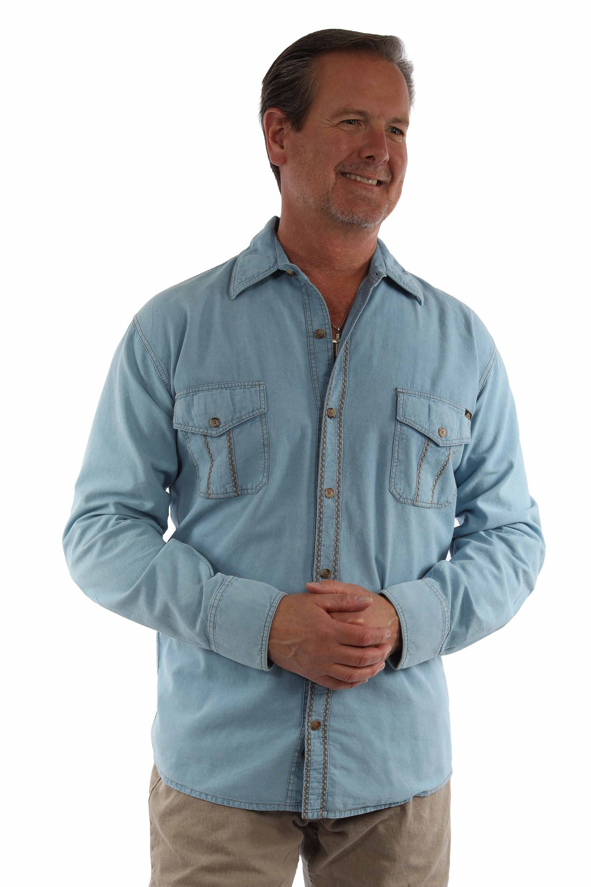 Scully Distressed Sky Blue L/S Button Front W/Contrast Stitch